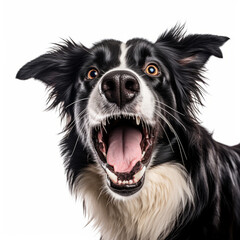 Isolated Portrait of Angry Border Collie Dog Growling Aggressively on White Background
