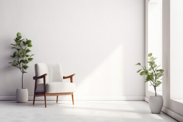 White armchair against white empty wall with natural light. Generative AI.