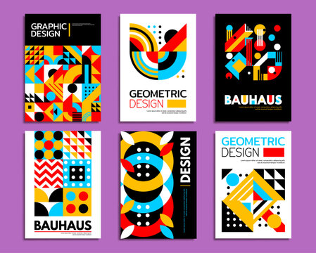 Abstract bauhaus posters. Geometric pattern with vector color shapes of circle, triangle and square. Modern graphic background, creative bauhaus pattern with basic geometric shapes and figures collage