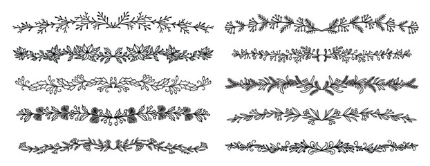 Holly berry floral Christmas and wedding dividers, borders and delimiters, vector flourish vignettes and separators. Holly berry floral frame dividers for winter holiday decoration and invitation card