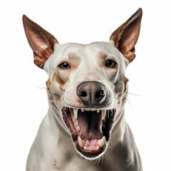 Angry Bull Terrier Dog Growling Aggressively on White Background