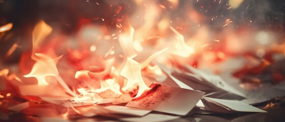 Chaotic abstract of paper sheets on fire, long exposure film burn effect, flaming red hot high contrast background, dramatic intense orange and red lighting, bokeh blur - generative AI