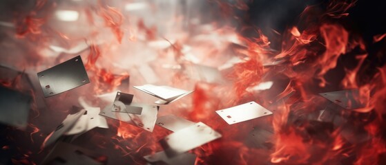 Chaotic abstract of paper sheets on fire, long exposure film burn effect, flaming red hot high contrast background, dramatic intense orange and red lighting, bokeh blur - generative AI