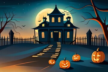 kids illustration, spooky halloween scene with ghosts pumpkins bats and old h ouse in background,...