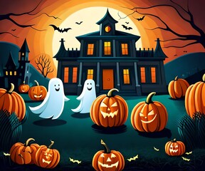 kids illustration, spooky halloween scene with ghosts pumpkins bats and old h ouse in background, cartoon style, thick lines, low detail, vivid color 