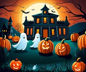 kids illustration, spooky halloween scene with ghosts pumpkins bats and old h ouse in background, cartoon style, thick lines, low detail, vivid color 