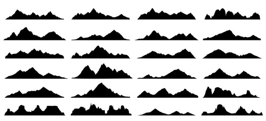 Black rock, hill and mountain silhouettes, vector landscape with rocky ranges, snow peaks and ridges. Mountain skyline nature landscape of outdoor adventure, hiking or climbing sport, camping, tourism - obrazy, fototapety, plakaty