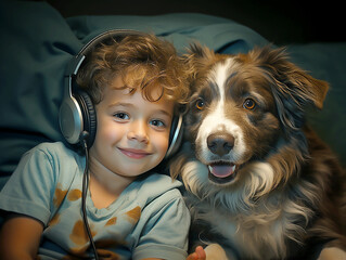 a boy with headphones on his ears lies in bed with his friend dog. - obrazy, fototapety, plakaty