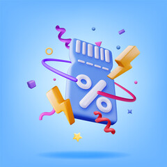 3d Coupon with Percent Symbol and Confetti Isolated. Render Discount Voucher or Coupon. Blank Ticket Shopping Paper. Promotional Offer Confirmation. Bonus Purchase, Gift Concept. Vector Illustration