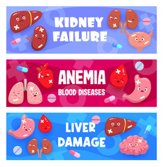 Anemia, kidney failure and liver damage diseases. Cartoon sick body organs characters, sad unhealthy liver, kidney, heart, stomach and lungs, brain and blood vector personages. Health care, medicine