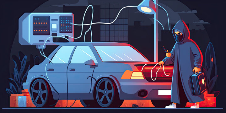 A thief using hacking to steal a car. The image shows a laptop with code on the screen - Generative AI