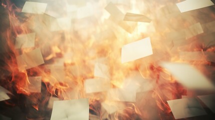 Naklejka premium Chaotic abstract of paper sheets on fire, long exposure film burn effect, flaming red hot high contrast background, dramatic intense orange and red lighting, bokeh blur - generative AI