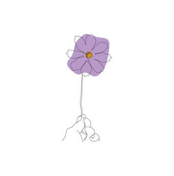 hand holding flower line art, hand drawn illustration, flower in hand vector line art