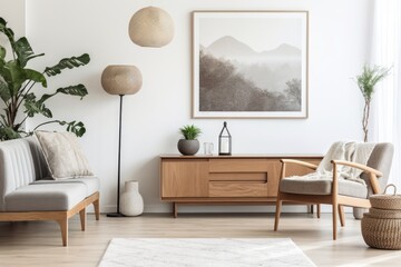 A contemporary Scandinavian style living room showcases a brown imitation poster frame, a retro inspired chest of drawers, decorative rattan accents, a carpet, plants, maps, and sophisticated