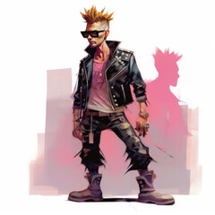Digital illustration of a punk man in a leather jacket and sunglasses.