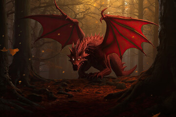 3D rendering of a fantasy dragon in a dark forest with fog