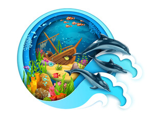 Sunken ship and dolphins on paper cut sea underwater landscape vector background. Cartoon ocean coral reef with fish, marine animal and shipwreck in 3d layered round frame with papercut water waves