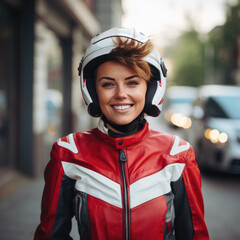 Fototapeta na wymiar Young cool woman wearing motorcycle gear and helmet, AI Generated