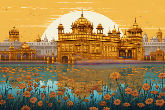 A beautiful illustration of  the golden temple. Decorative illustration of Sri Harmandir Sahib. Generative AI.
