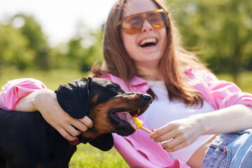 young girl with dachshund dog eating ice cream on a sunny day