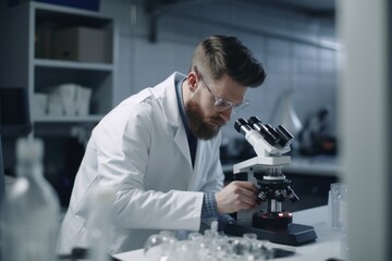 a man in a white coat studies through a microscope in a chemical laboratory or medical laboratory. science and innovation. analyses