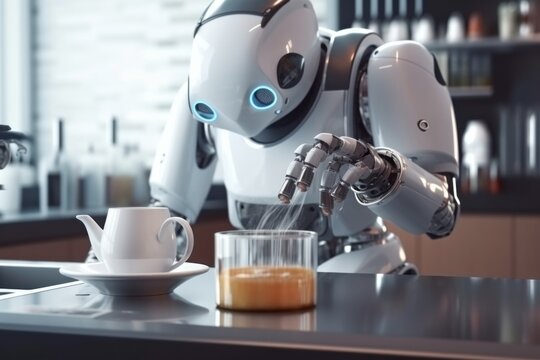 a white robot makes coffee in the kitchen. concept of robotic process automatic.future and technology. artificial intelligence