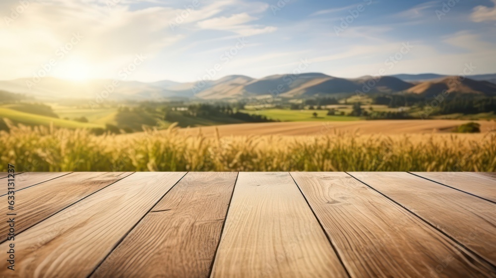 Poster wooden floor with blurred background of fields and hills created with generative ai
