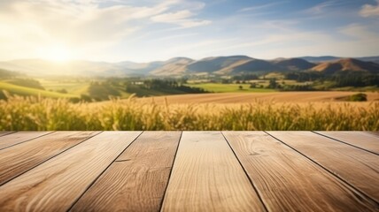 Fototapeta premium Wooden floor with blurred background of fields and hills created with Generative AI