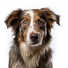 Fototapeta premium Isolated Australian Shepherd Dog with Visibly Sad Expression on White Background