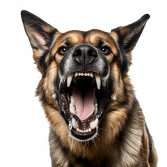 Isolated German Shepherd Dog with White Background: Angry and Growling Aggressive Portrait