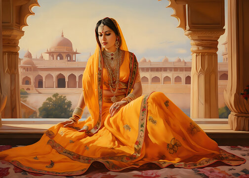 Beautiful Woman in Indian Attire Sitting on a Palace Balcony. Generative Ai.
