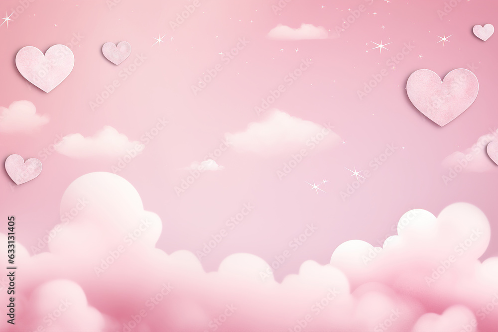Wall mural pink background with hearts, clouds and copy space. it's a girl backdrop with empty space for text. 