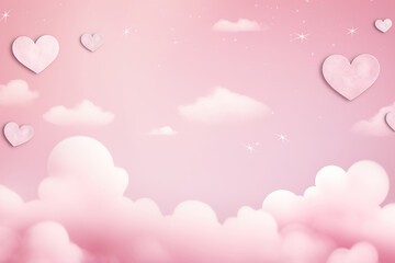 Pink background with hearts, clouds and copy space. It's a girl backdrop with empty space for text. Baby shower or birthday invitation, party. Women's Day. Baby girl birth announcement. Generative AI.