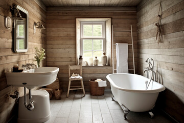 Fototapeta na wymiar Rustic bathroom in a wooden house style