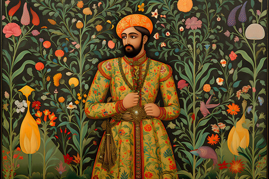 Illustration of a Prince in the Mughal Era Style: Man in Traditional Indian Attire with Decorative Elements, Inspired by the Mughal Dynasty. Generative Ai.