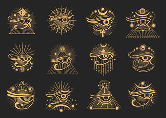 Horus eye. Egyptian occult and esoteric magic symbols. Horus eye astrology symbol, witchcraft ritual signs set. Egyptian god all seeing eye occult or alchemy vector seal with ankh, pyramid and moon - obrazy, fototapety, plakaty