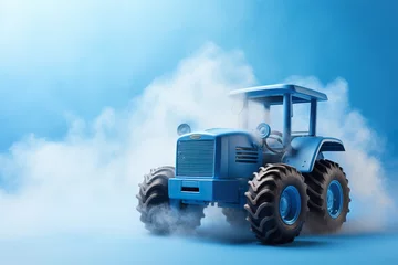  Blue background with toy tractor and copy space. It's a boy backdrop with empty space for text. Baby shower or birthday invitation, party. Baby boy birth announcement. Men's Day. Generative AI. © Kassiopeia 