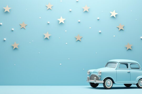 Blue Background With Toy Car And Copy Space. It's A Boy Backdrop With Empty Space For Text. Baby Shower Or Birthday Invitation, Party. Baby Boy Birth Announcement. Men's Day. Generative AI.