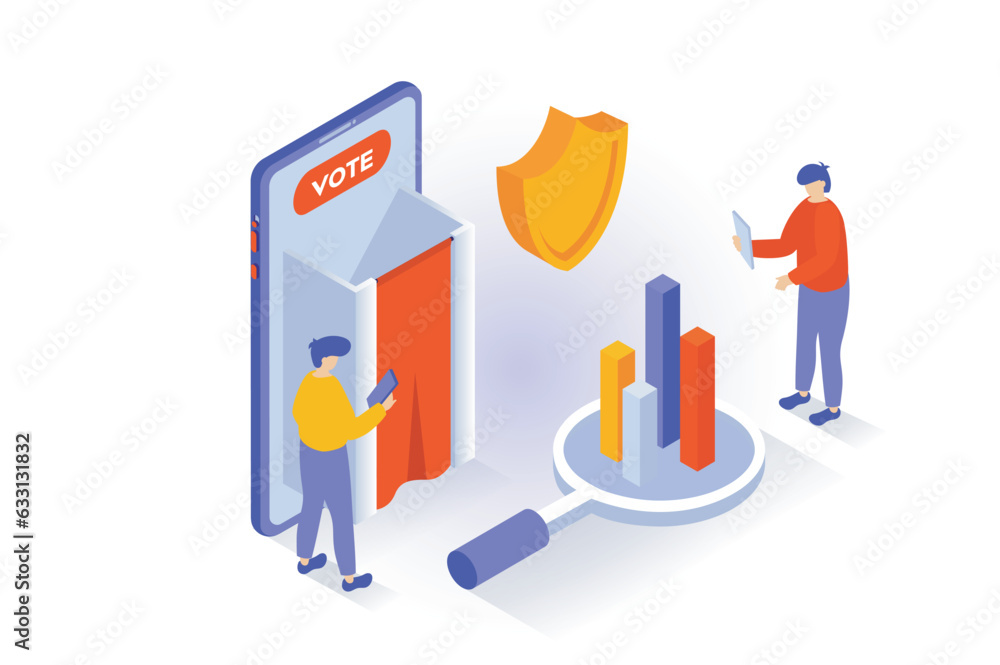 Leinwandbilder Election and voting concept in 3d isometric design. People vote in elections at safety polling stations with booths and calculating results. Vector illustration with isometry scene for web graphic