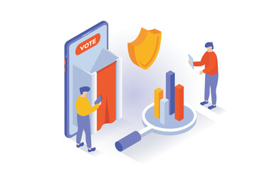 Election and voting concept in 3d isometric design. People vote in elections at safety polling stations with booths and calculating results. Vector illustration with isometry scene for web graphic