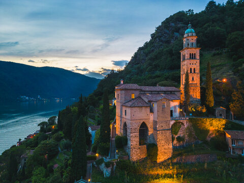 Aerial view of the Swiss village of Morcote during dusk. Morcote, Switzerland