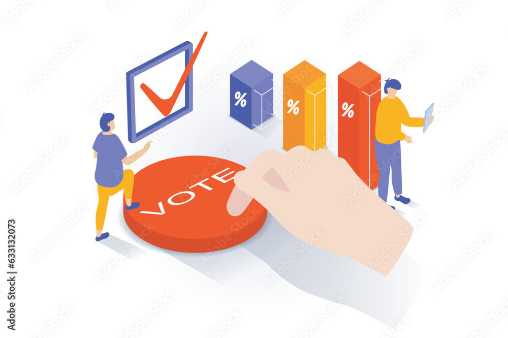 Aufkleber election and voting concept in 3d isometric design. people hold elections with exit polls and rating