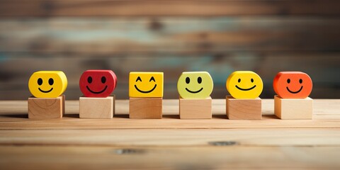 World Mental Health Day. Smiling emoticons on wooden stands. Relax face, good feedback rating, think positively.