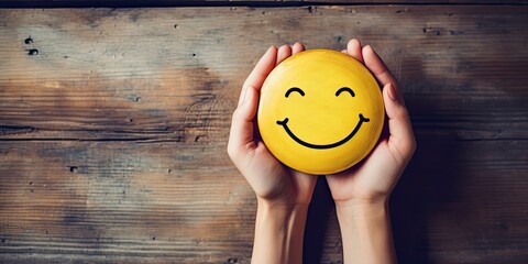 World Mental Health Day. Hands holding a happy smile, round yellow ball, on a wooden background,...