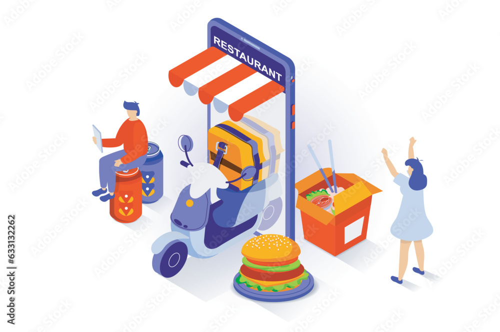 Fototapete Food delivery concept in 3d isometric design. People order hamburgers and wok noodles with courier fast shipping using mobile application. Vector illustration with isometry scene for web graphic