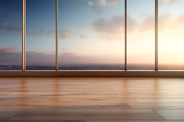 Empty room space, large windows, wooden floor, space for text and ads