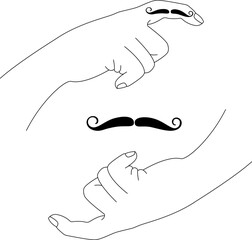 Vector linear hands, mustache black silhouette and on finger. Elements for design card, poster, print. 