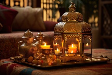 Fototapeta na wymiar During the festive season, an Arabic home is adorned with a decorative metal tray holding a golden lantern, complete with a burning candle. The atmosphere is further enhanced by the presence of