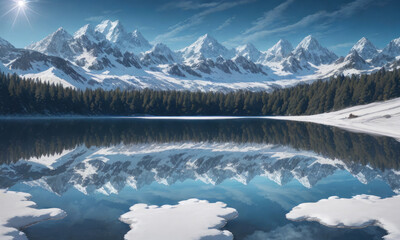 Generative AI day landscape with mountains and forest reflect in lake