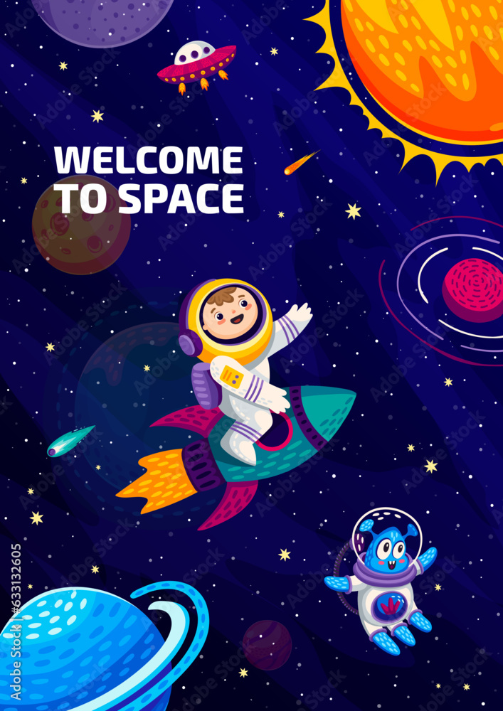 Poster cartoon space poster with kid astronaut on rocket flying in galaxy, vector background. boy spaceman 